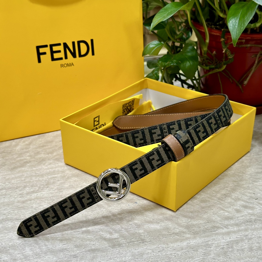 FENDl芬迪专柜同款宽20mm原版定制布料单环皮带钢扣FF图案布料材质棕色皮革内衬单钉镀钯金属配件时尚