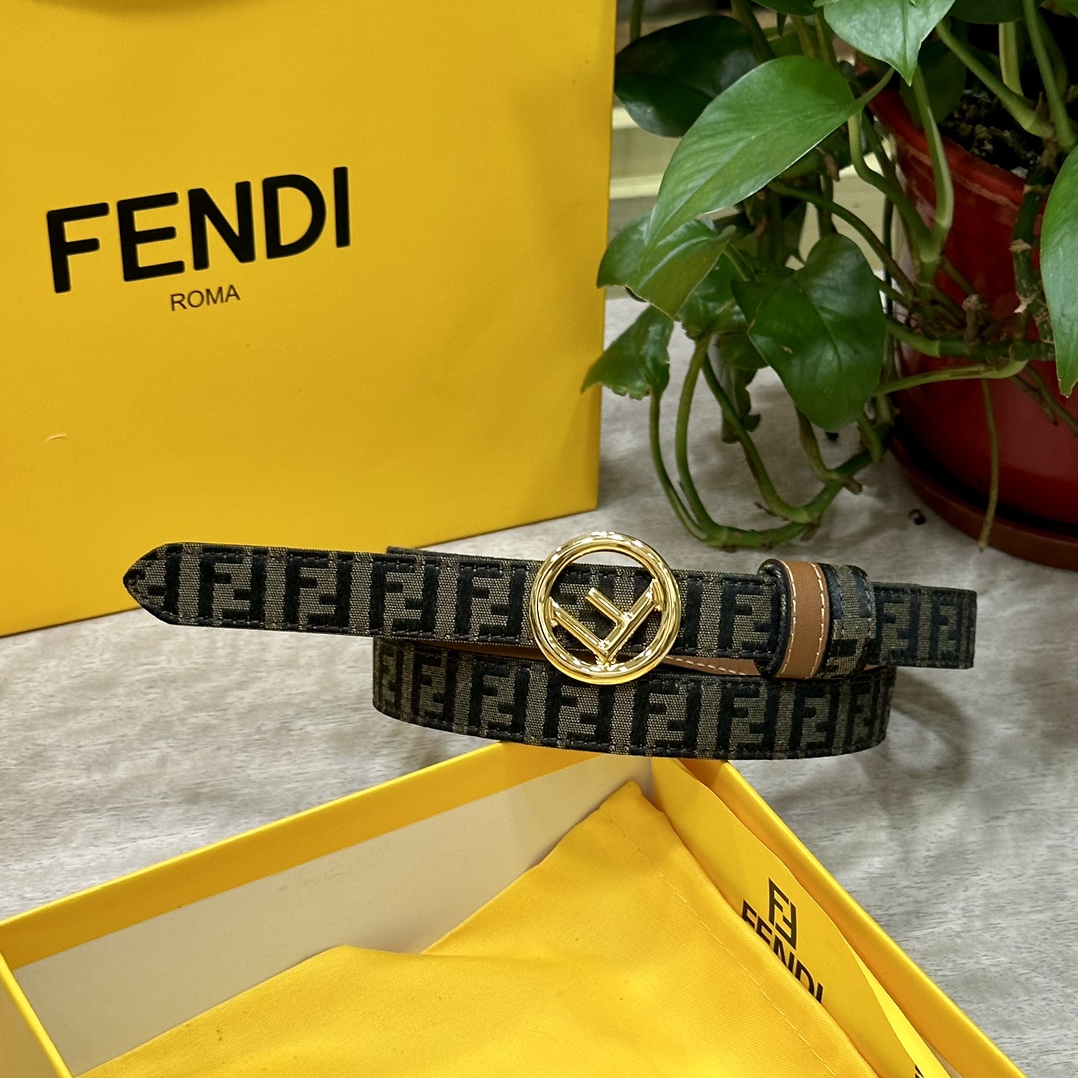 FENDl芬迪专柜同款宽20mm原版定制布料单环皮带钢扣FF图案布料材质棕色皮革内衬单钉镀钯金属配件时尚