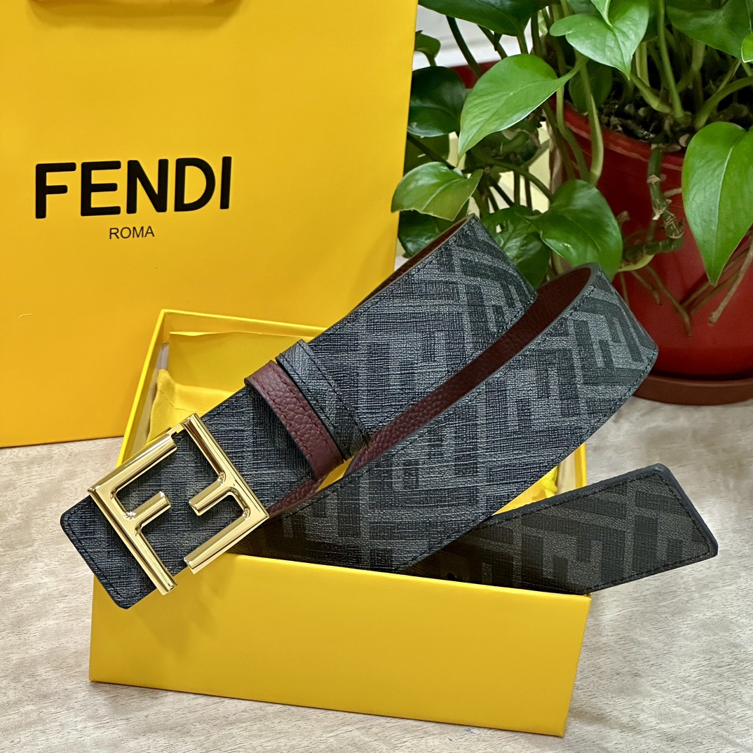 FENDI芬迪专柜同款宽4.0CM双环正反用腰带FF按钉搭扣酒红色CuoioRomano皮革材质反面面料