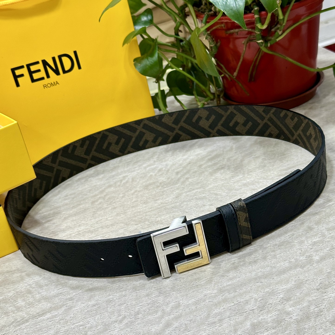 FENDI芬迪专柜同款宽4.0CM双环正反用腰带FF按钉搭扣黑色CuoioRomano皮革材质反面面料带