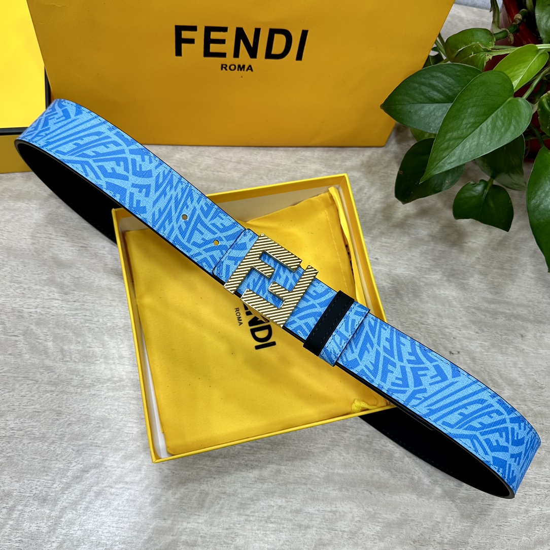 FENDl芬迪专柜同款宽40MM原版定制天蓝色FFVertigo图案皮料搭配FF按钉钢扣时尚潮流经典百搭