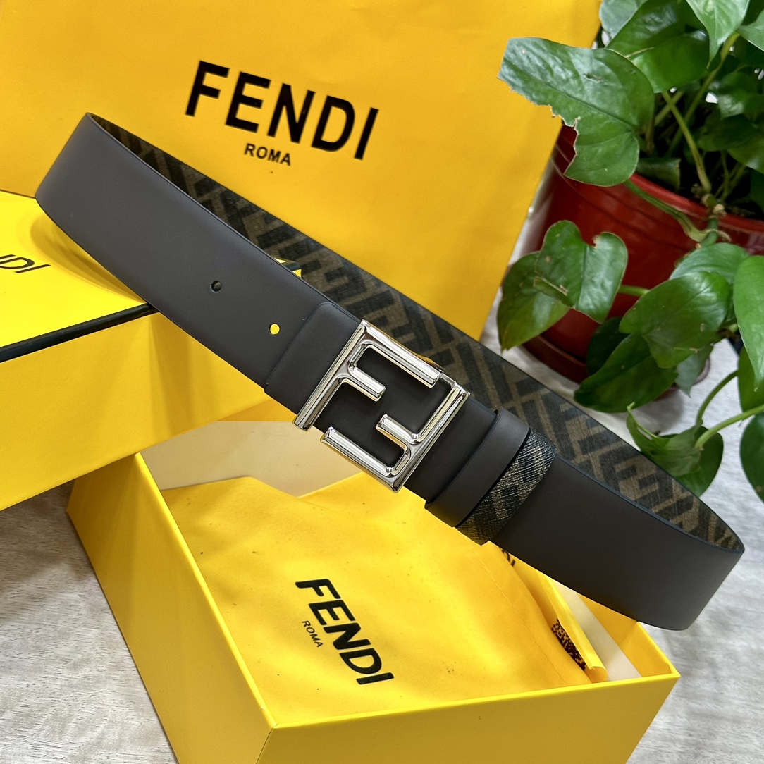 FENDI芬迪专柜同款宽4.0CM双环正反用腰带FF按钉搭扣咖啡色CuoioRomano皮革材质反面面料