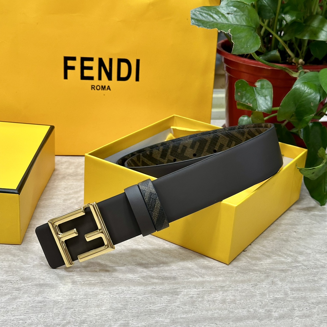 FENDI芬迪专柜同款宽4.0CM双环正反用腰带FF按钉搭扣咖啡色CuoioRomano皮革材质反面面料