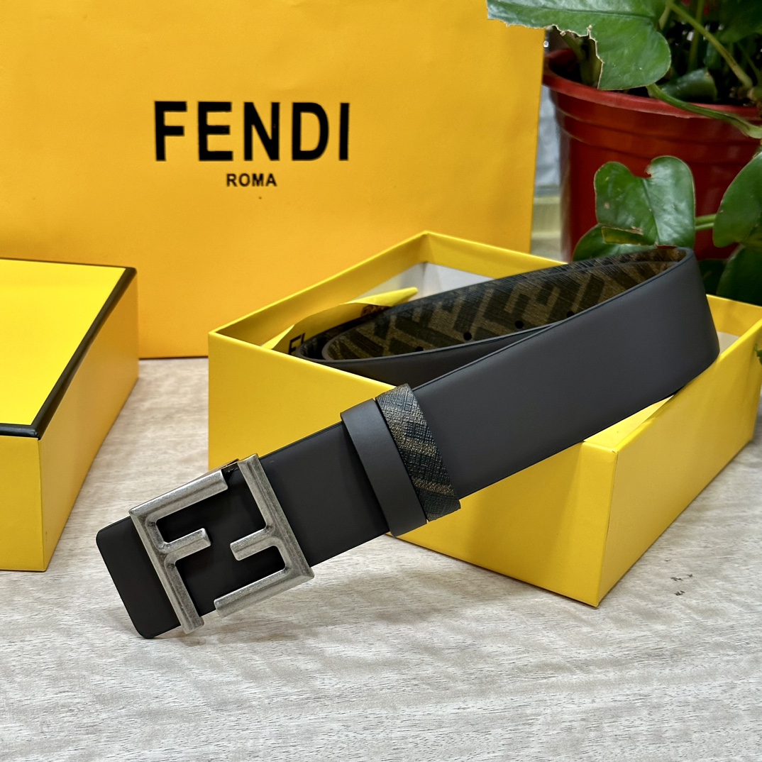 FENDI芬迪专柜同款宽4.0CM双环正反用腰带FF按钉搭扣咖啡色CuoioRomano皮革材质反面面料