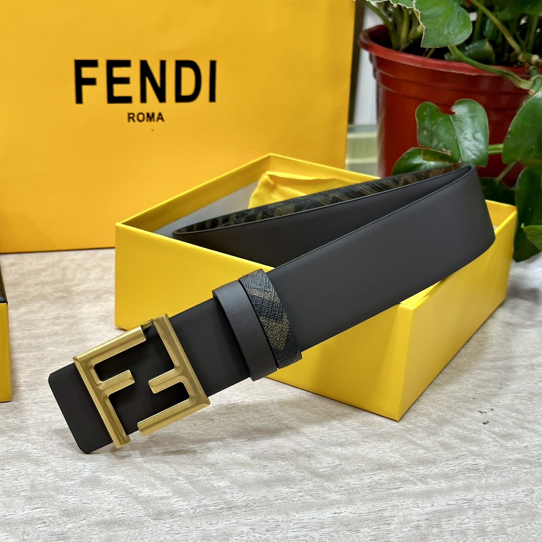 FENDI芬迪专柜同款宽4.0CM双环正反用腰带FF按钉搭扣咖啡色CuoioRomano皮革材质反面面料