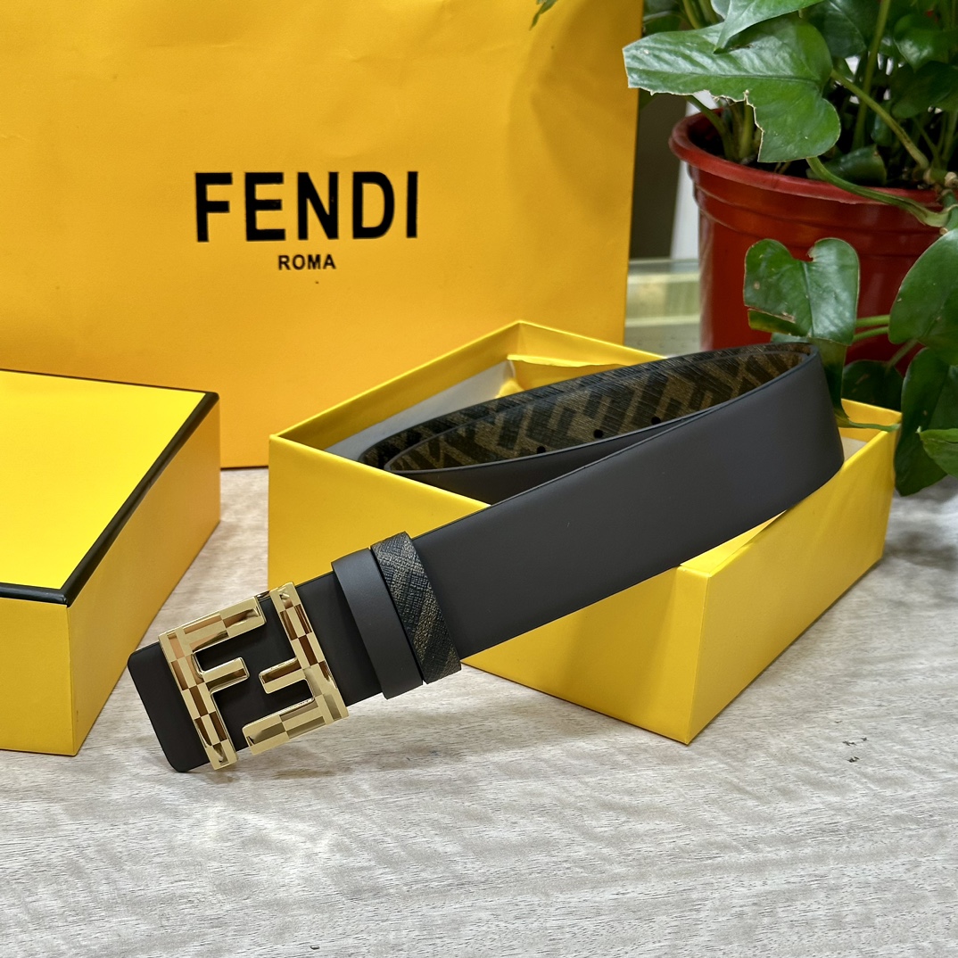 FENDI芬迪专柜同款宽4.0CM双环正反用腰带FF按钉搭扣咖啡色CuoioRomano皮革材质反面面料