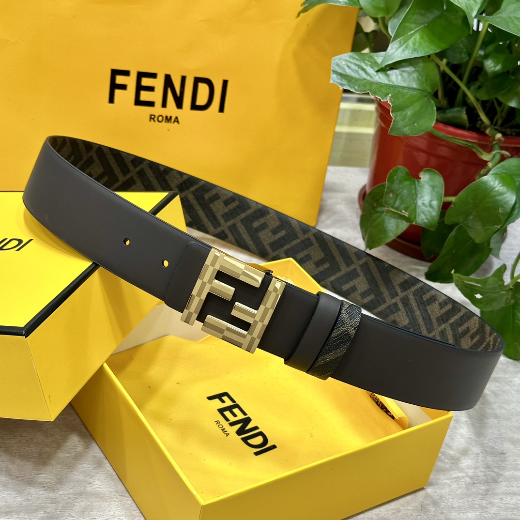 FENDI芬迪专柜同款宽4.0CM双环正反用腰带FF按钉搭扣咖啡色CuoioRomano皮革材质反面面料