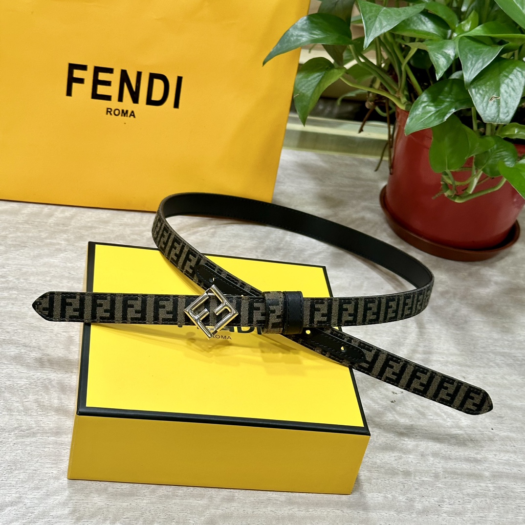 FENDl芬迪专柜同款宽20mm原版定制布料单环皮带钢扣FF图案布料材质棕色皮革内衬单钉镀钯金属配件时尚