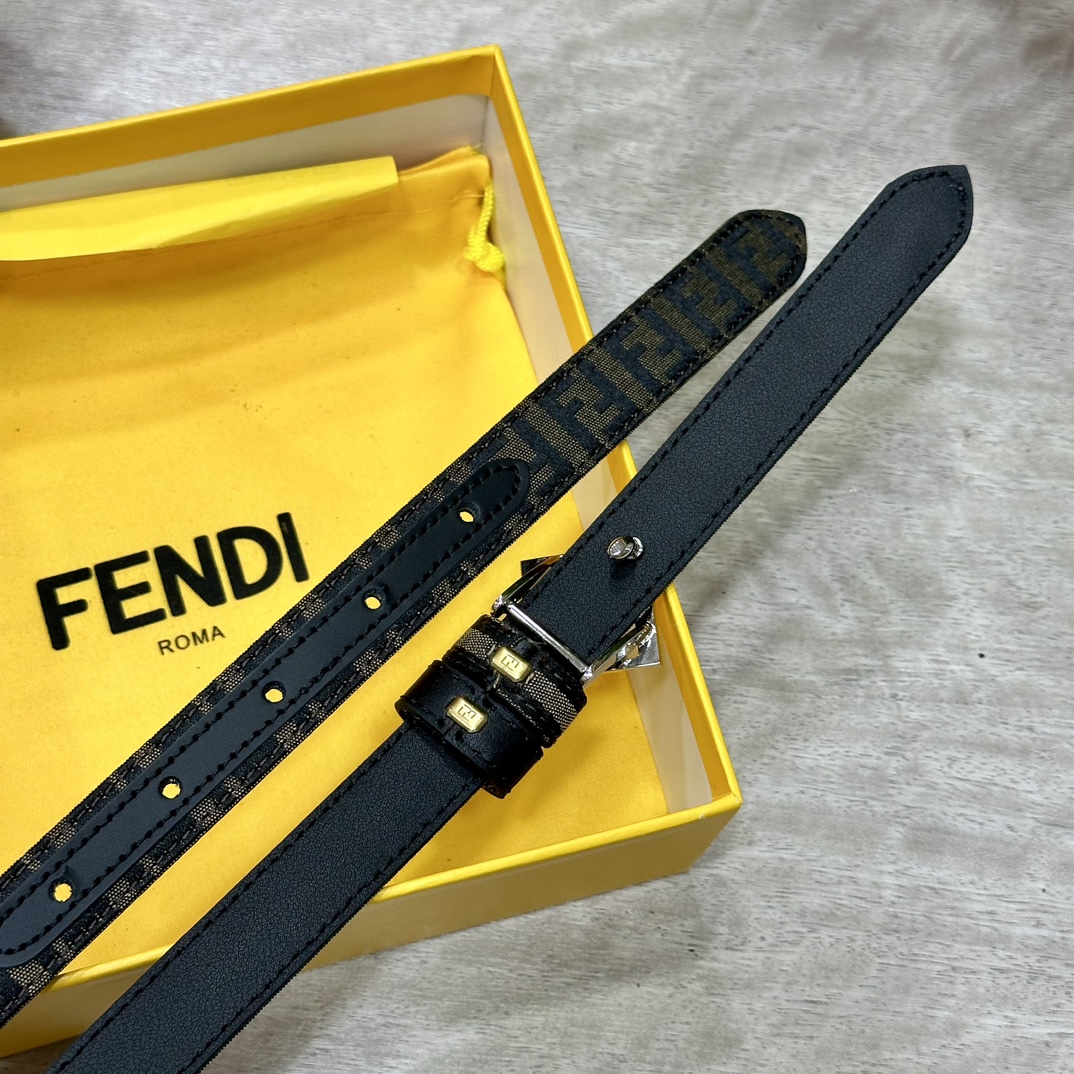 FENDl芬迪专柜同款宽20mm原版定制布料单环皮带钢扣FF图案布料材质棕色皮革内衬单钉镀钯金属配件时尚