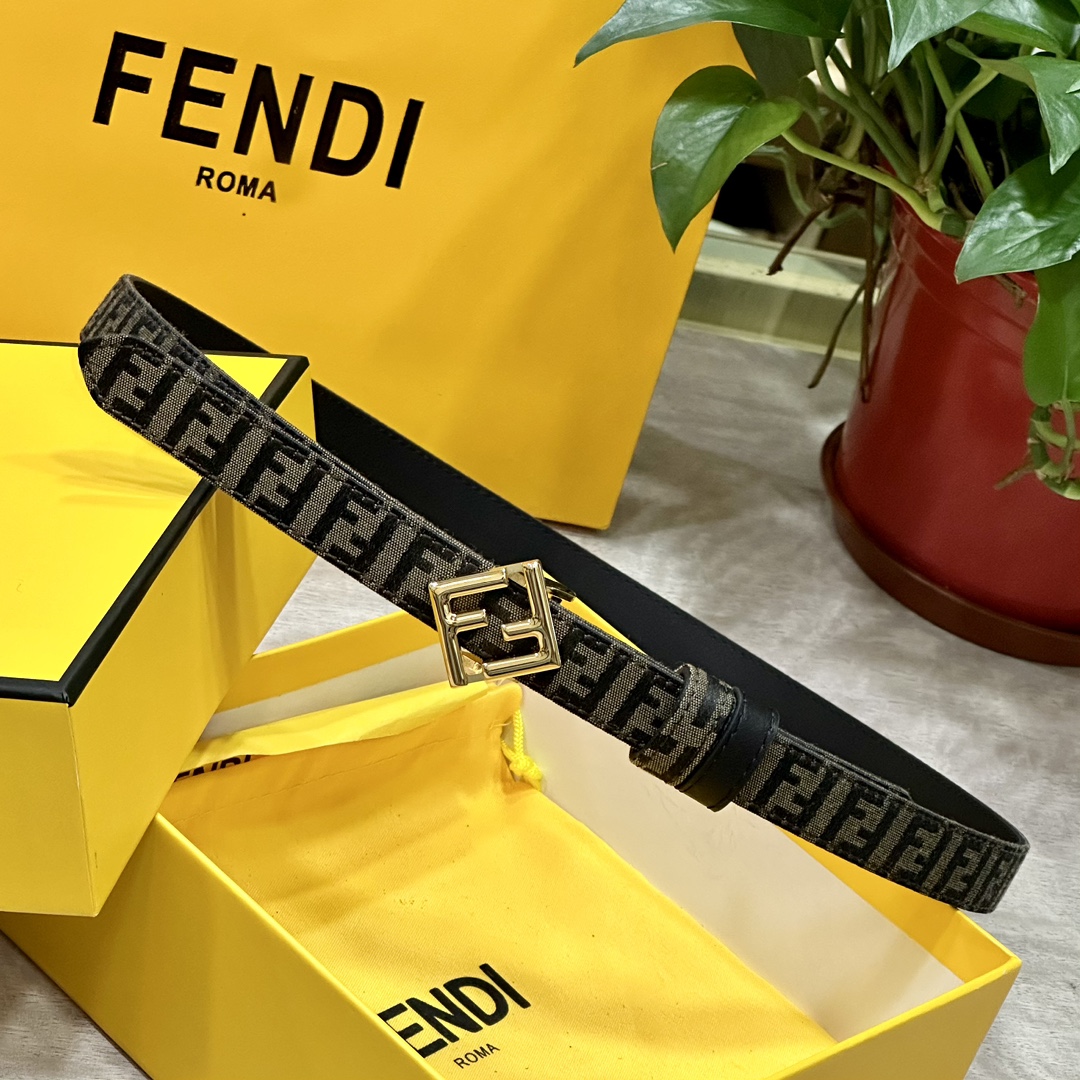 FENDl芬迪专柜同款宽20mm原版定制布料单环皮带钢扣FF图案布料材质棕色皮革内衬单钉镀钯金属配件时尚