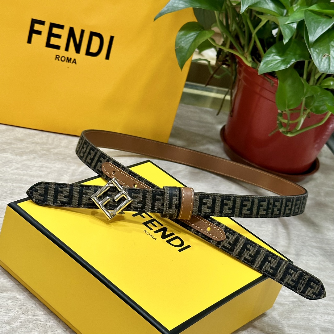 FENDl芬迪专柜同款宽20mm原版定制布料单环皮带钢扣FF图案布料材质棕色皮革内衬单钉镀钯金属配件时尚