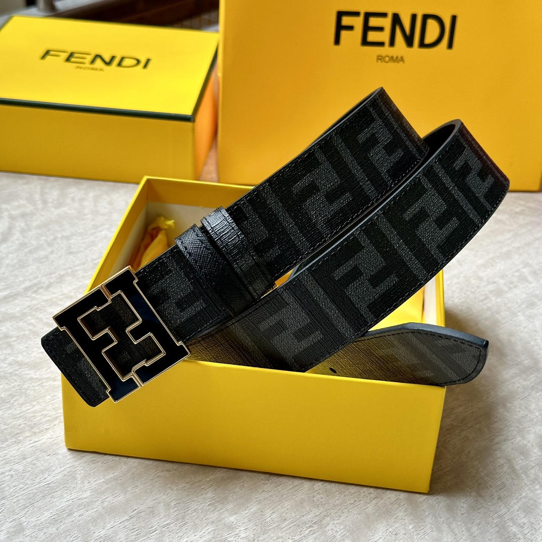 FENDI芬迪专柜同款宽4.0CM双环正反用腰带FF按钉搭扣黑色CuoioRomano皮革材质反面面料带