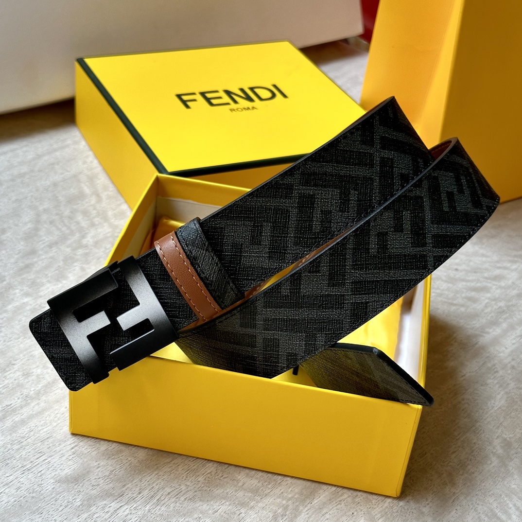 FENDI芬迪专柜同款宽4.0CM双环正反用腰带FF按钉搭扣土黄CuoioRomano皮革材质反面面料带