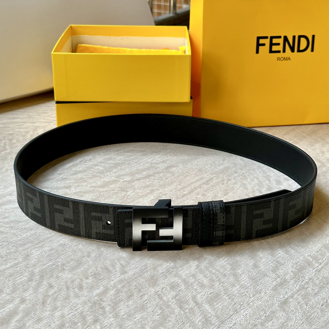 FENDI（芬迪）专柜同款 双环正反用腰带 FF按钉搭扣 土黄Cuoio Romano皮革