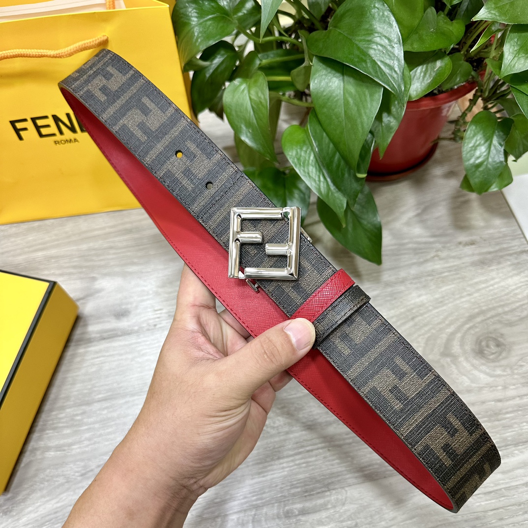 FENDI芬迪专柜同款宽4.0CM双环正反用腰带FF按钉搭扣红色CuoioRomano皮革材质反面面料带