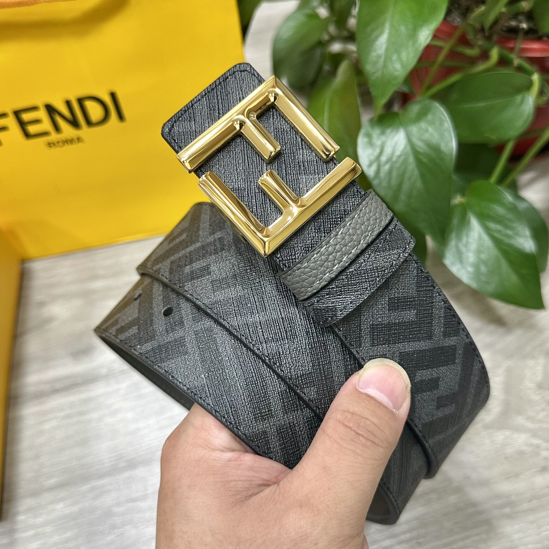 FENDI芬迪专柜同款宽4.0CM双环正反用腰带FF按钉搭扣灰色CuoioRomano皮革材质反面面料带
