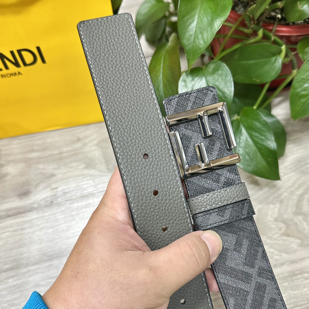 FENDI芬迪专柜同款宽4.0CM双环正反用腰带FF按钉搭扣灰色CuoioRomano皮革材质反面面料带
