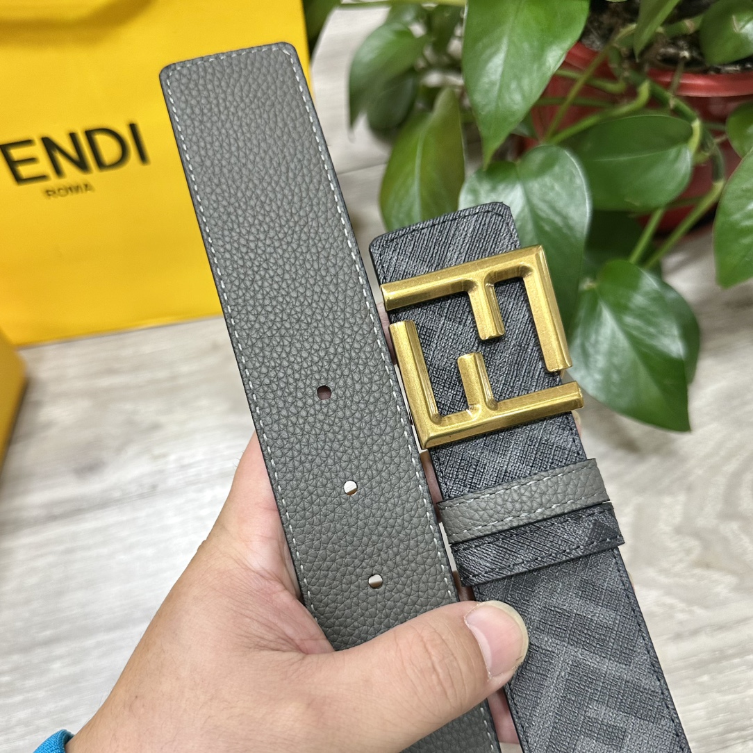 FENDI芬迪专柜同款宽4.0CM双环正反用腰带FF按钉搭扣灰色CuoioRomano皮革材质反面面料带