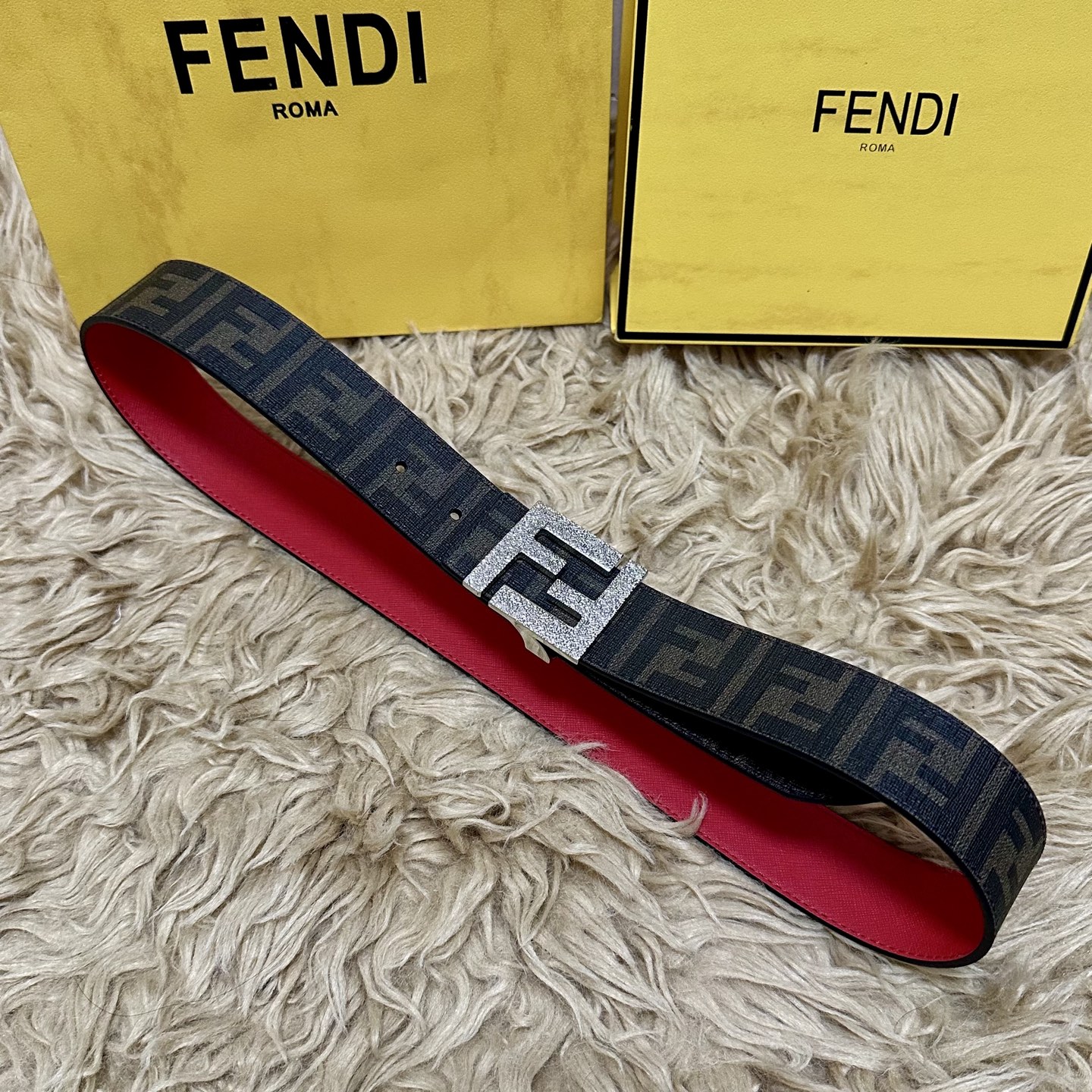 FENDI（芬迪）专柜同款 宽4.0CM 双环正反用腰带 FF按钉搭扣 红色Cuoio Romano皮革