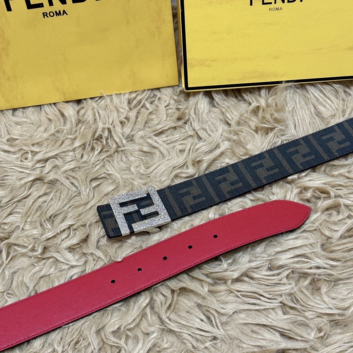 FENDI（芬迪）专柜同款 宽4.0CM 双环正反用腰带 FF按钉搭扣 红色Cuoio Romano皮革