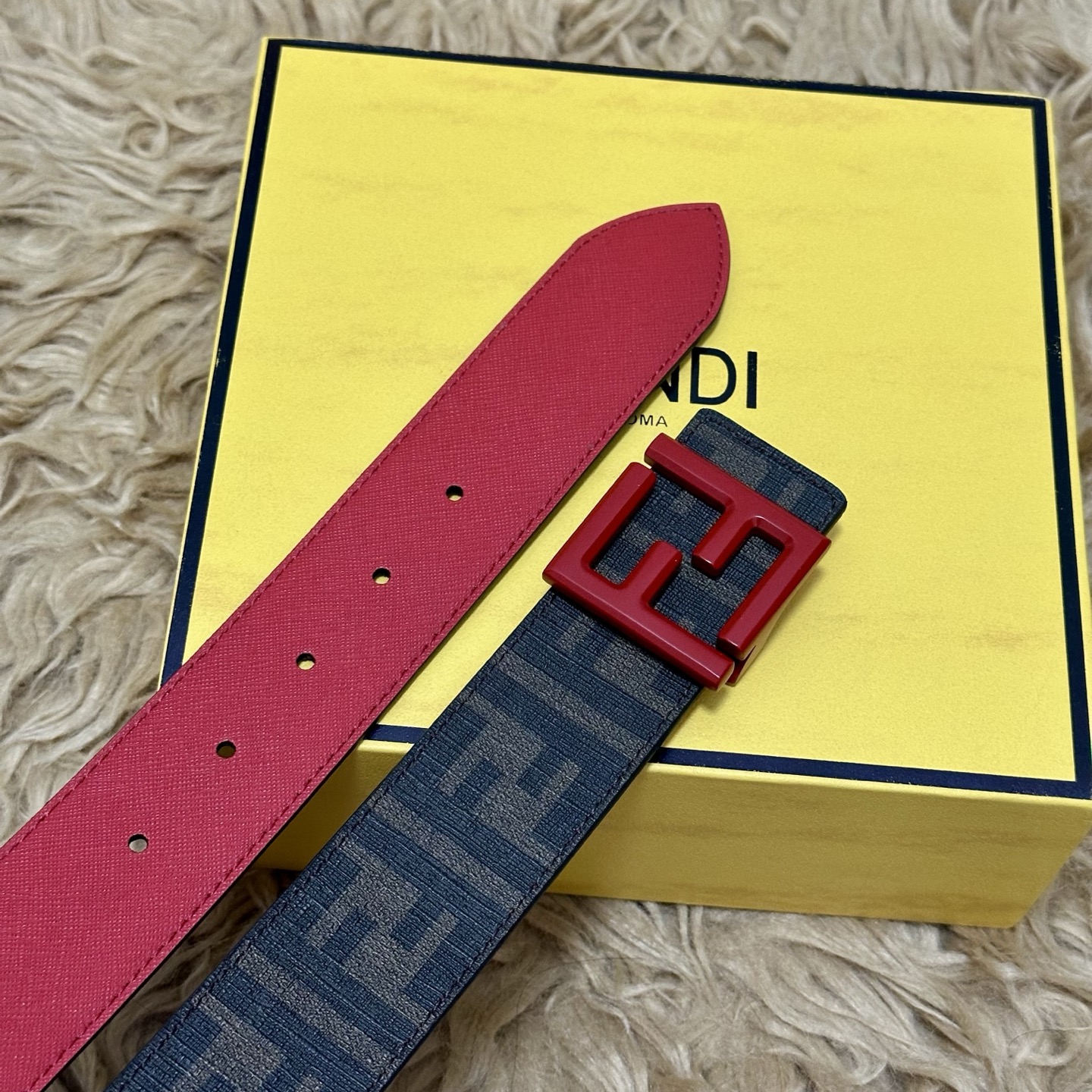 FENDI（芬迪）专柜同款 宽4.0CM 双环正反用腰带 FF按钉搭扣 红色Cuoio Romano皮革