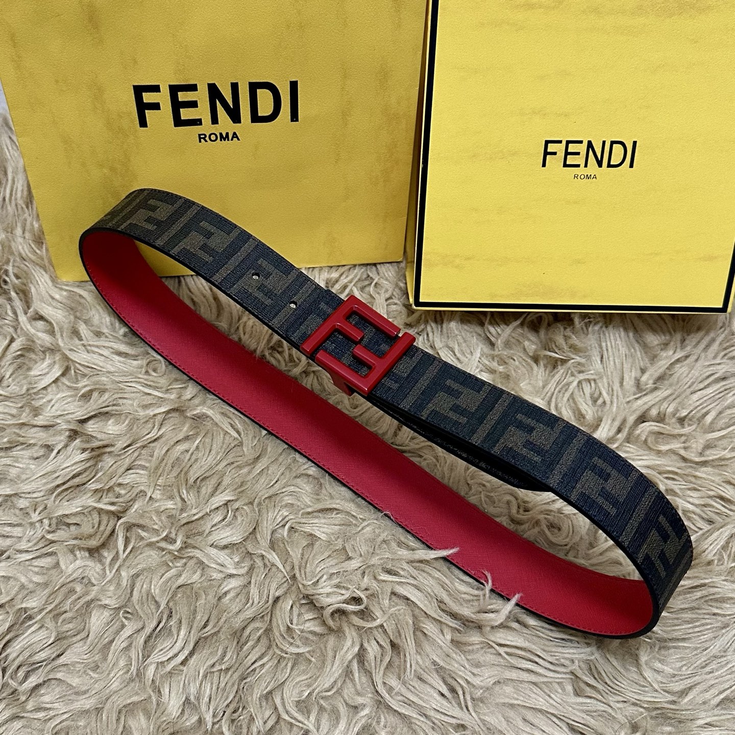 FENDI（芬迪）专柜同款 宽4.0CM 双环正反用腰带 FF按钉搭扣 红色Cuoio Romano皮革