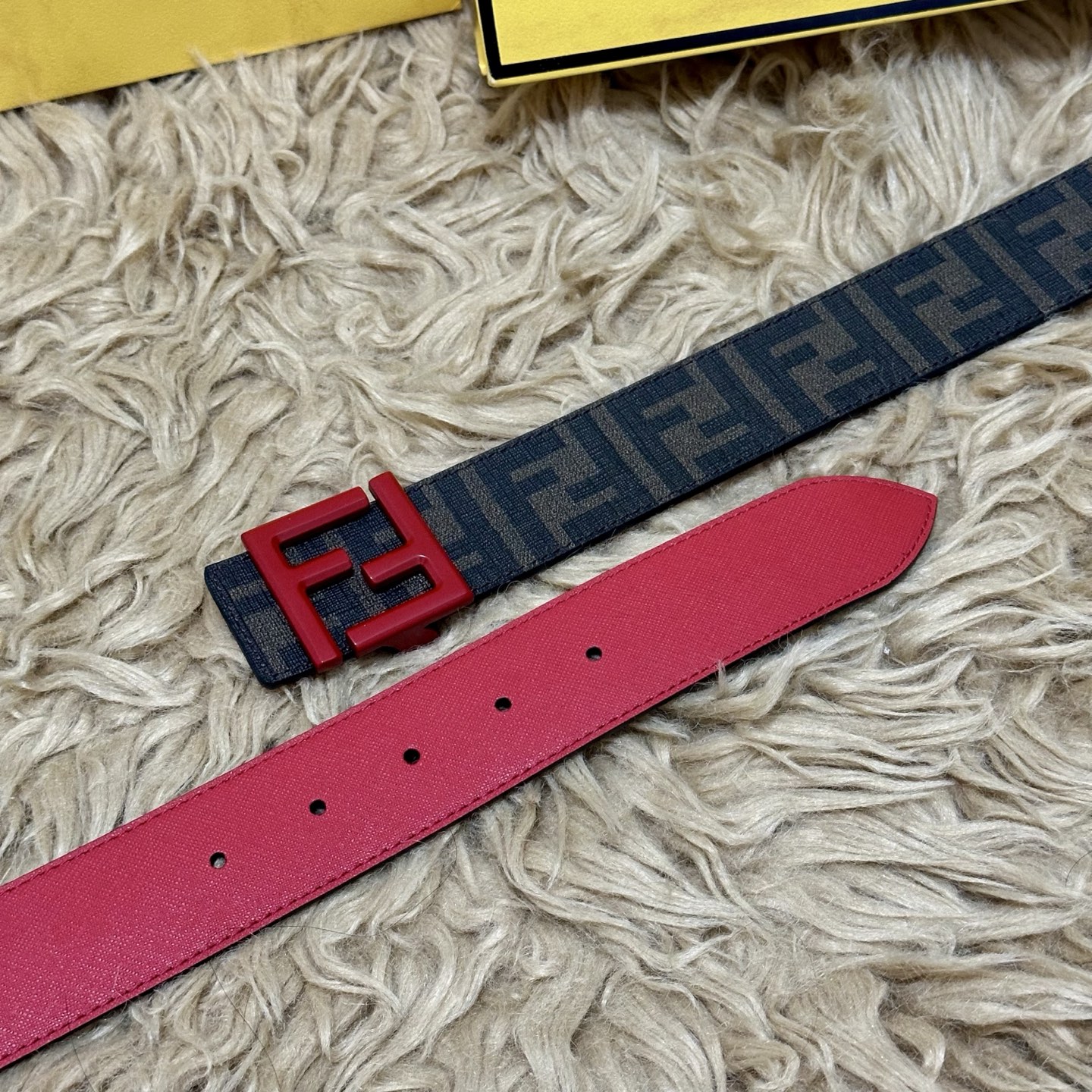 FENDI（芬迪）专柜同款 宽4.0CM 双环正反用腰带 FF按钉搭扣 红色Cuoio Romano皮革