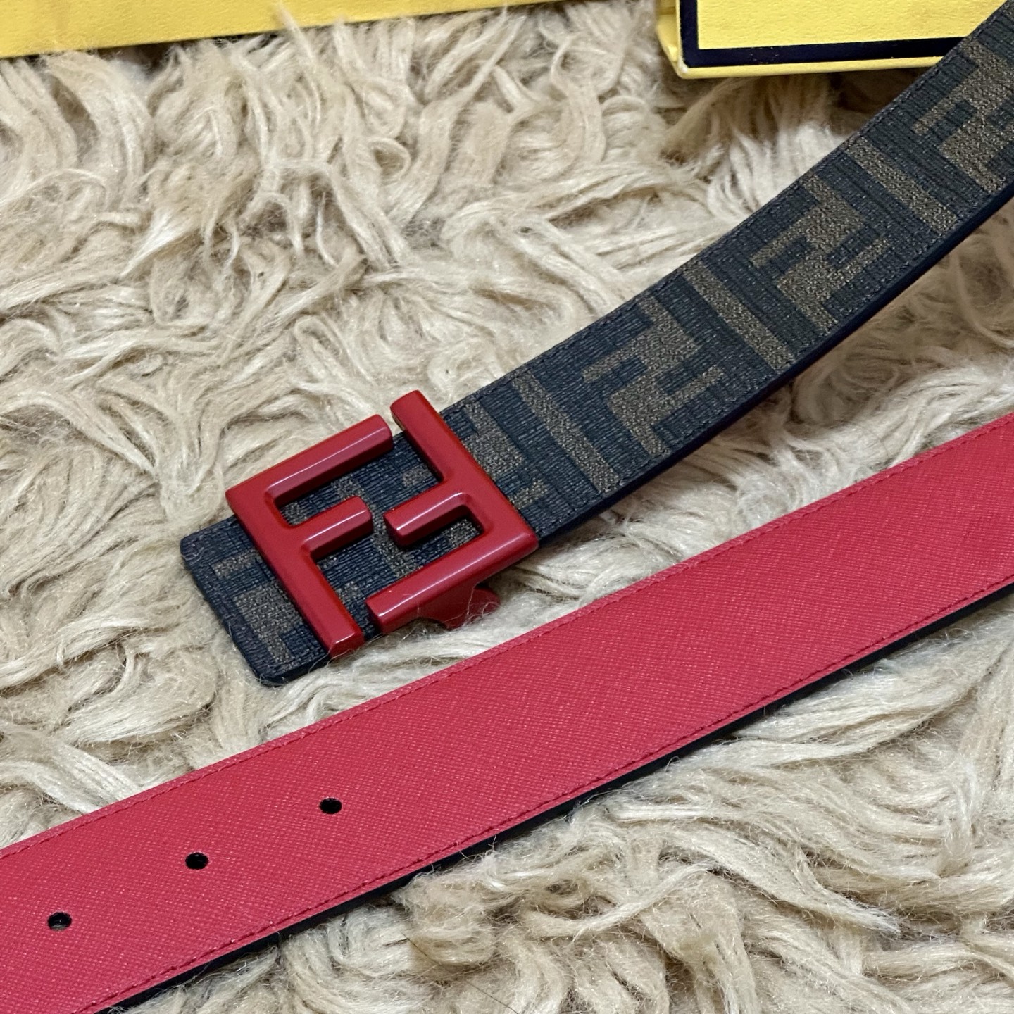 FENDI（芬迪）专柜同款 宽4.0CM 双环正反用腰带 FF按钉搭扣 红色Cuoio Romano皮革