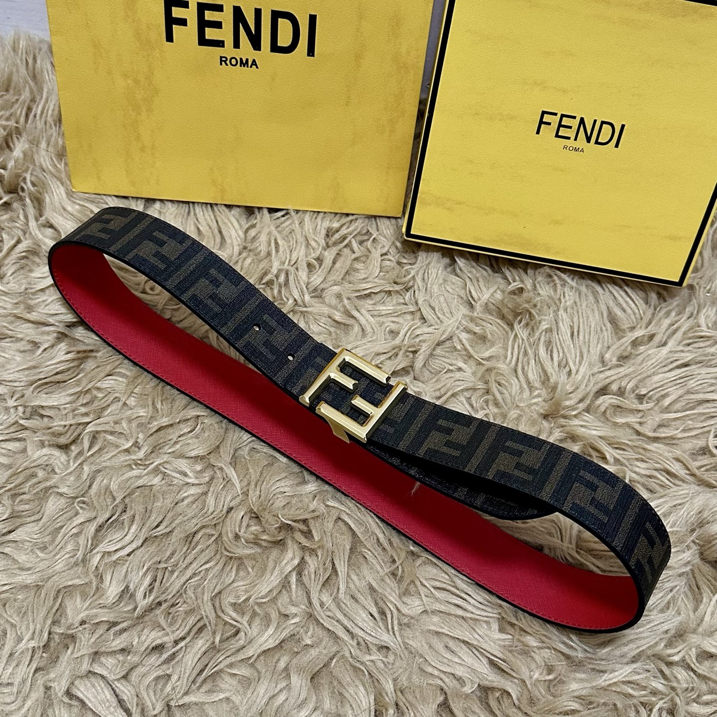 FENDI（芬迪）专柜同款 宽4.0CM 双环正反用腰带 FF按钉搭扣 红色Cuoio Romano皮革