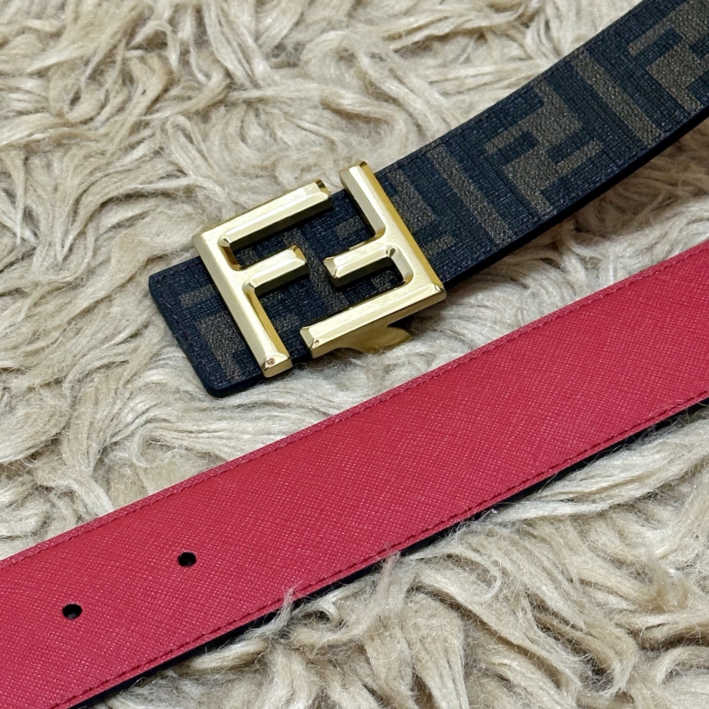 FENDI（芬迪）专柜同款 宽4.0CM 双环正反用腰带 FF按钉搭扣 红色Cuoio Romano皮革