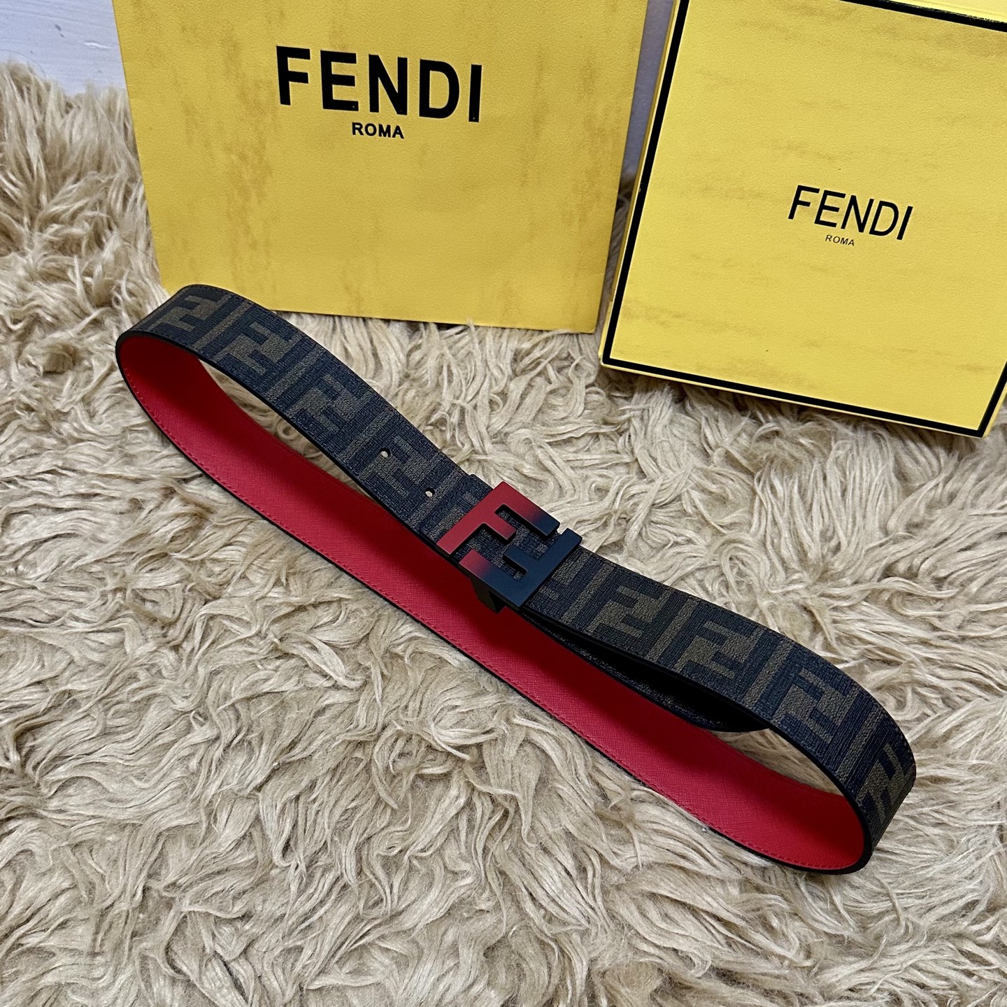 FENDI（芬迪）专柜同款 宽4.0CM 双环正反用腰带 FF按钉搭扣 红色Cuoio Romano皮革
