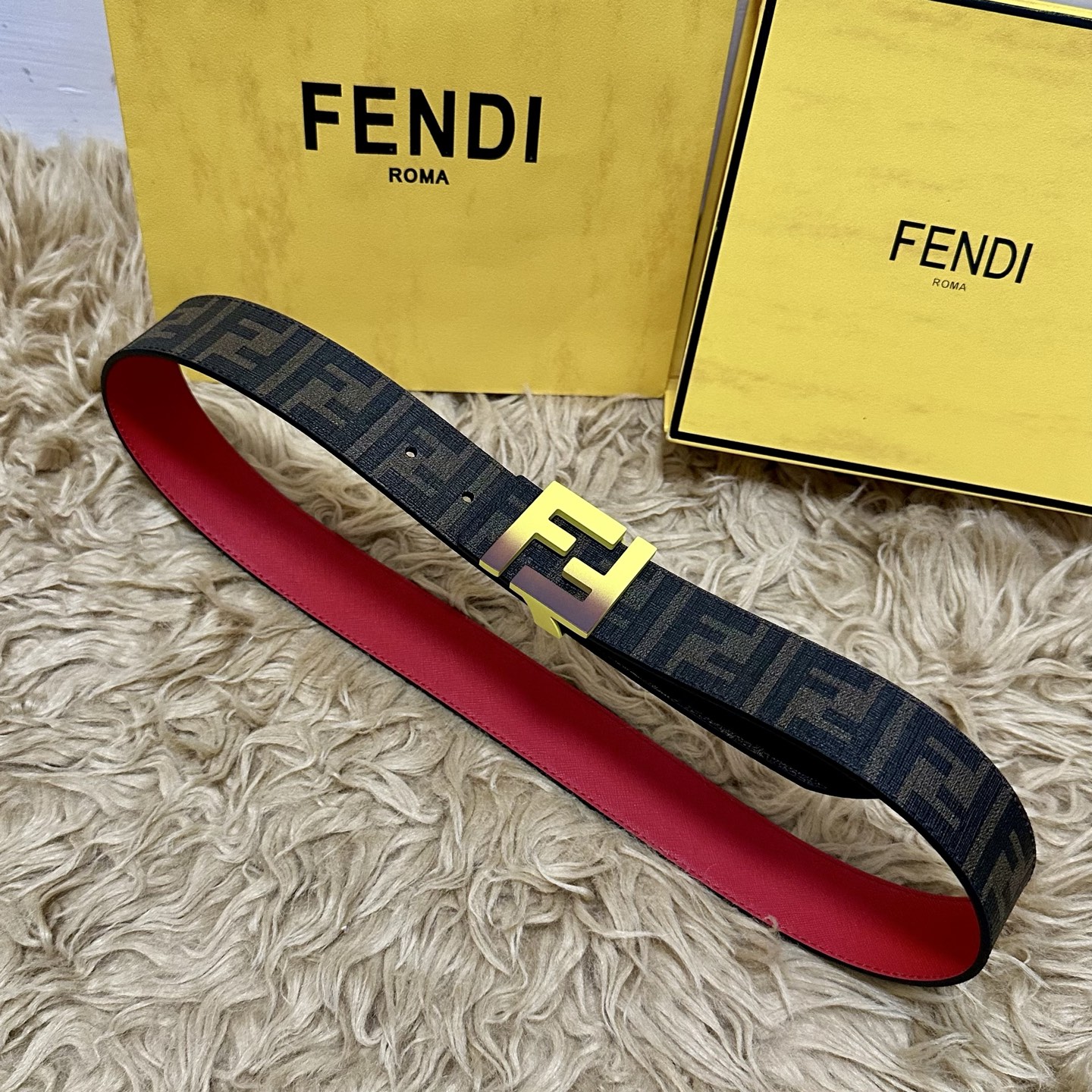 FENDI（芬迪）专柜同款 宽4.0CM 双环正反用腰带 FF按钉搭扣 红色Cuoio Romano皮革