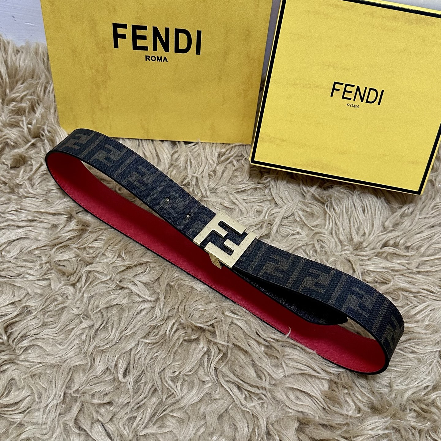 FENDI（芬迪）专柜同款 宽4.0CM 双环正反用腰带 FF按钉搭扣 红色Cuoio Romano皮革