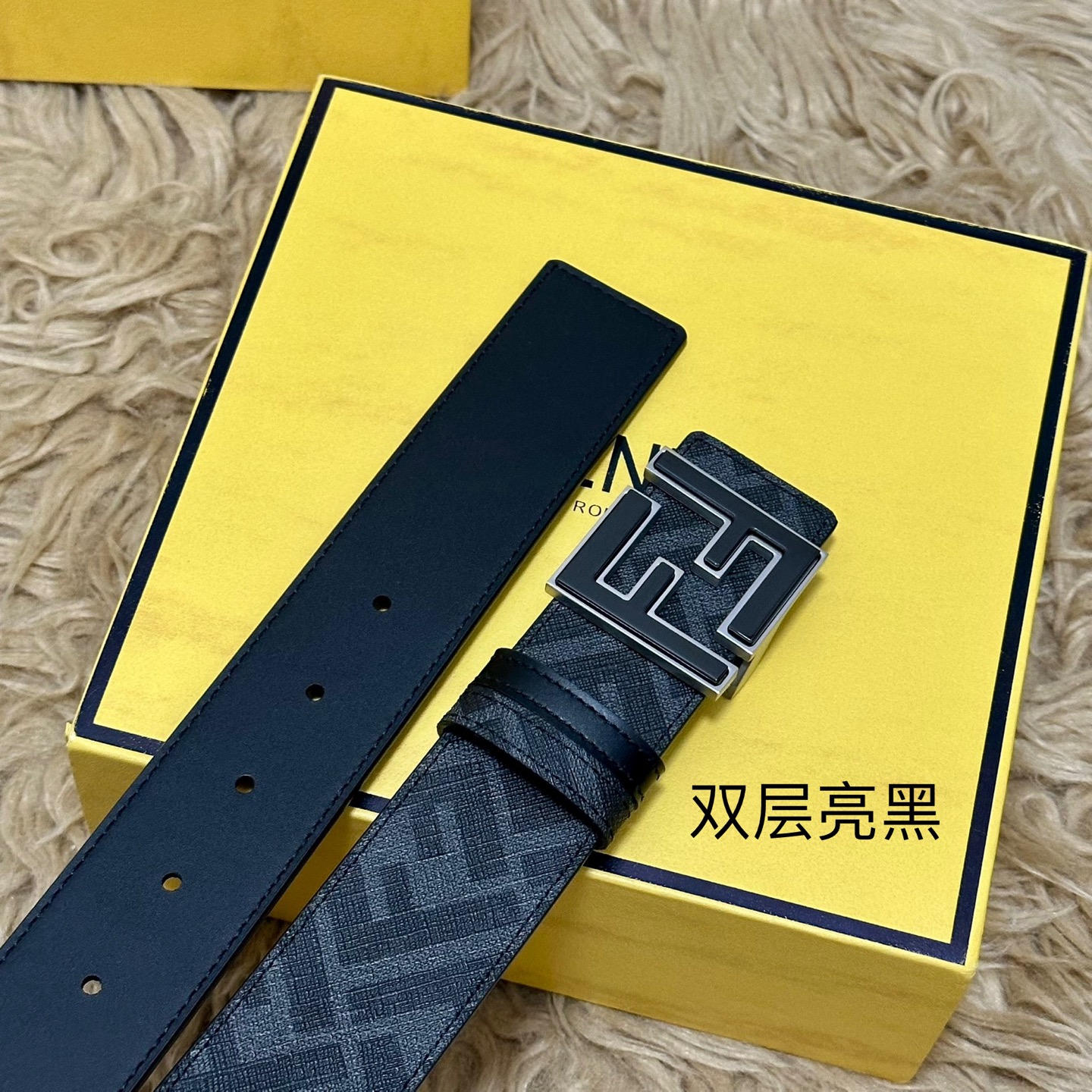 FENDI（芬迪）专柜同款 宽4.0CM 双环正反用腰带 FF按钉搭扣 黑色Cuoio Romano皮革