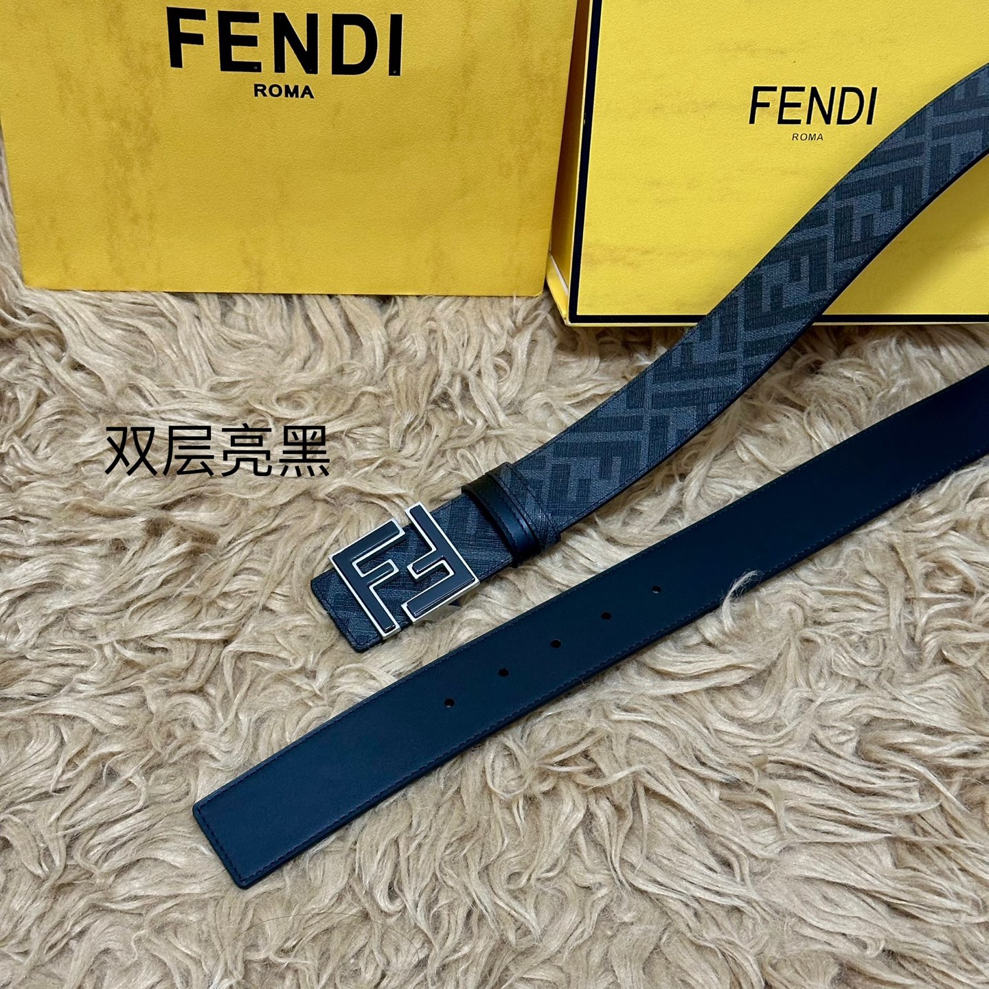 FENDI（芬迪）专柜同款 宽4.0CM 双环正反用腰带 FF按钉搭扣 黑色Cuoio Romano皮革