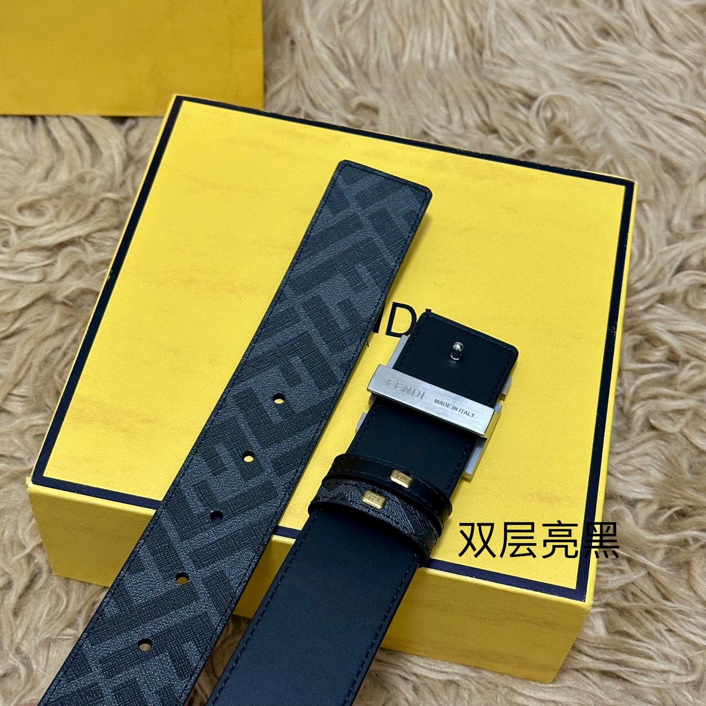 FENDI（芬迪）专柜同款 宽4.0CM 双环正反用腰带 FF按钉搭扣 黑色Cuoio Romano皮革