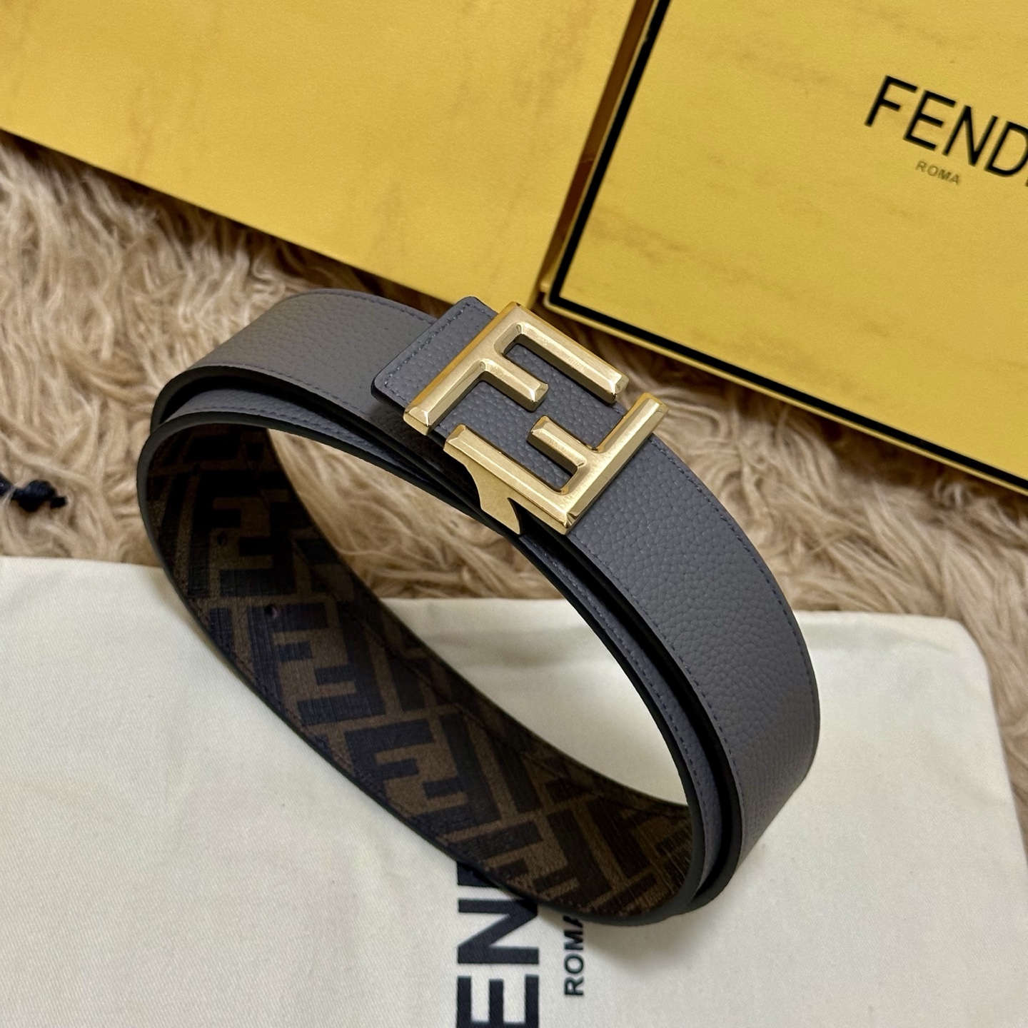 FENDI（芬迪）专柜同款 宽4.0CM 双环正反用腰带 FF按钉搭扣 灰色Cuoio Romano皮革