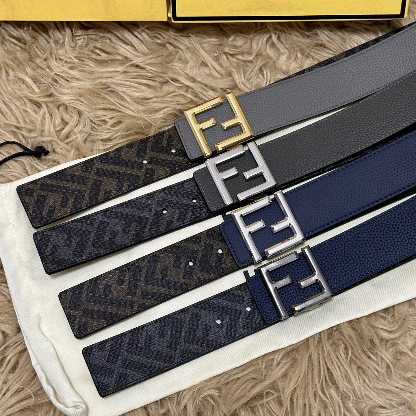 FENDI（芬迪）专柜同款 宽4.0CM 双环正反用腰带 FF按钉搭扣 深兰色Cuoio Romano皮