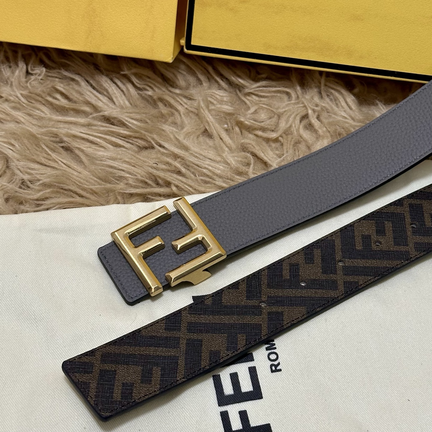 FENDI（芬迪）专柜同款 宽4.0CM 双环正反用腰带 FF按钉搭扣 灰色Cuoio Romano皮革