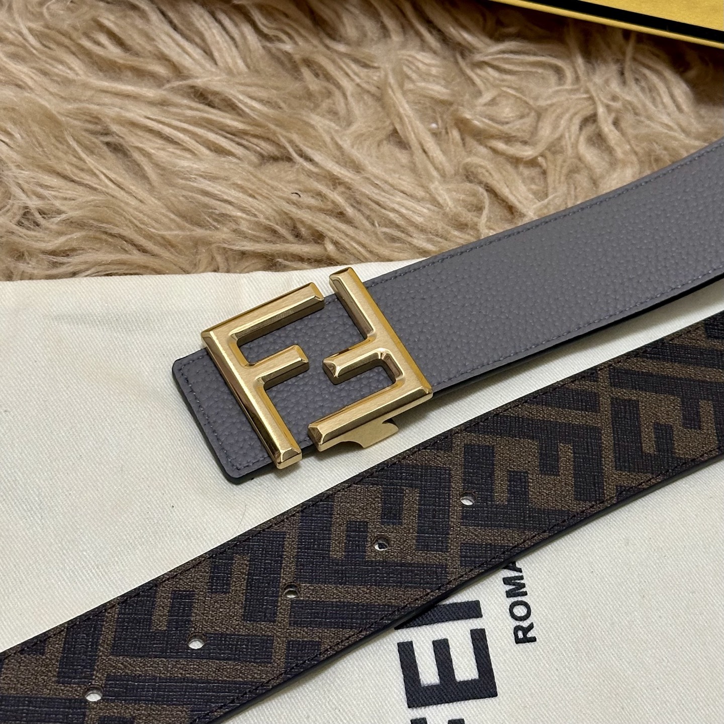 FENDI（芬迪）专柜同款 宽4.0CM 双环正反用腰带 FF按钉搭扣 灰色Cuoio Romano皮革