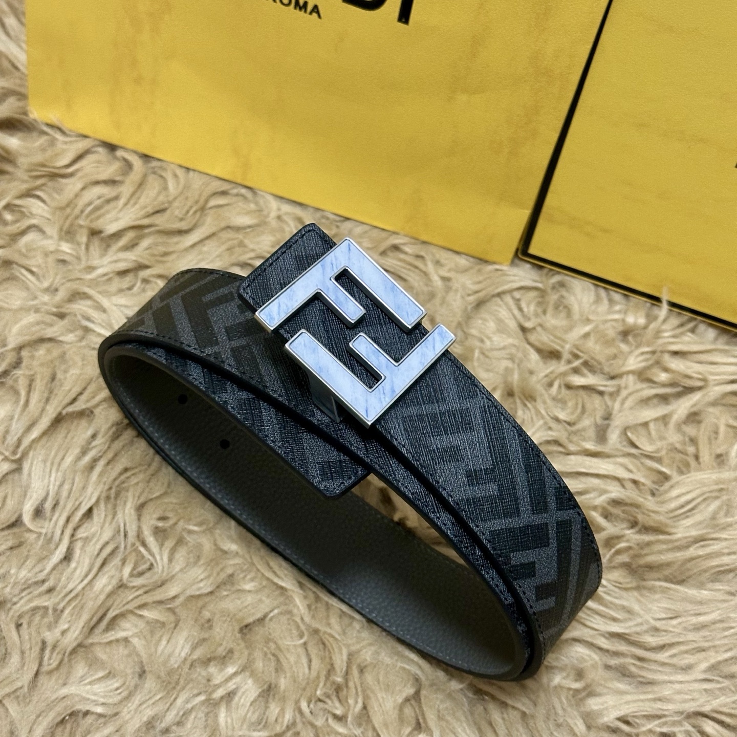 FENDI（芬迪）专柜同款 宽4.0CM 双环正反用腰带 FF按钉搭扣 灰色Cuoio Romano皮革