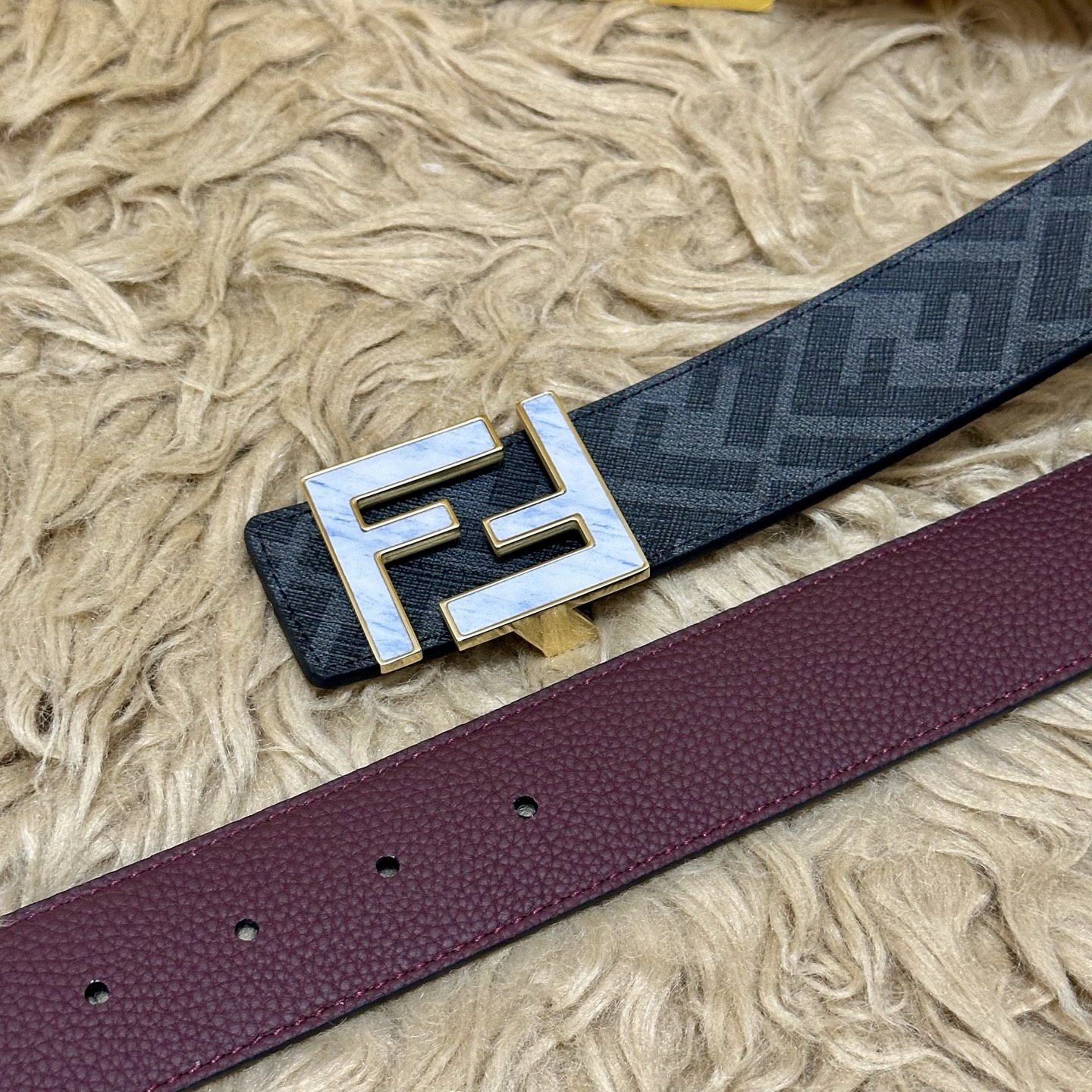 FENDI（芬迪）专柜同款 宽4.0CM 双环正反用腰带 FF按钉搭扣 酒红色Cuoio Romano皮