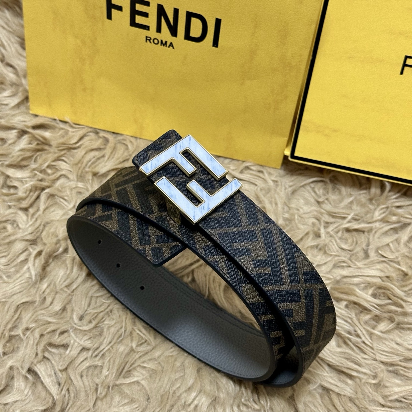 FENDI（芬迪）专柜同款 宽4.0CM 双环正反用腰带 FF按钉搭扣 灰色Cuoio Romano皮革
