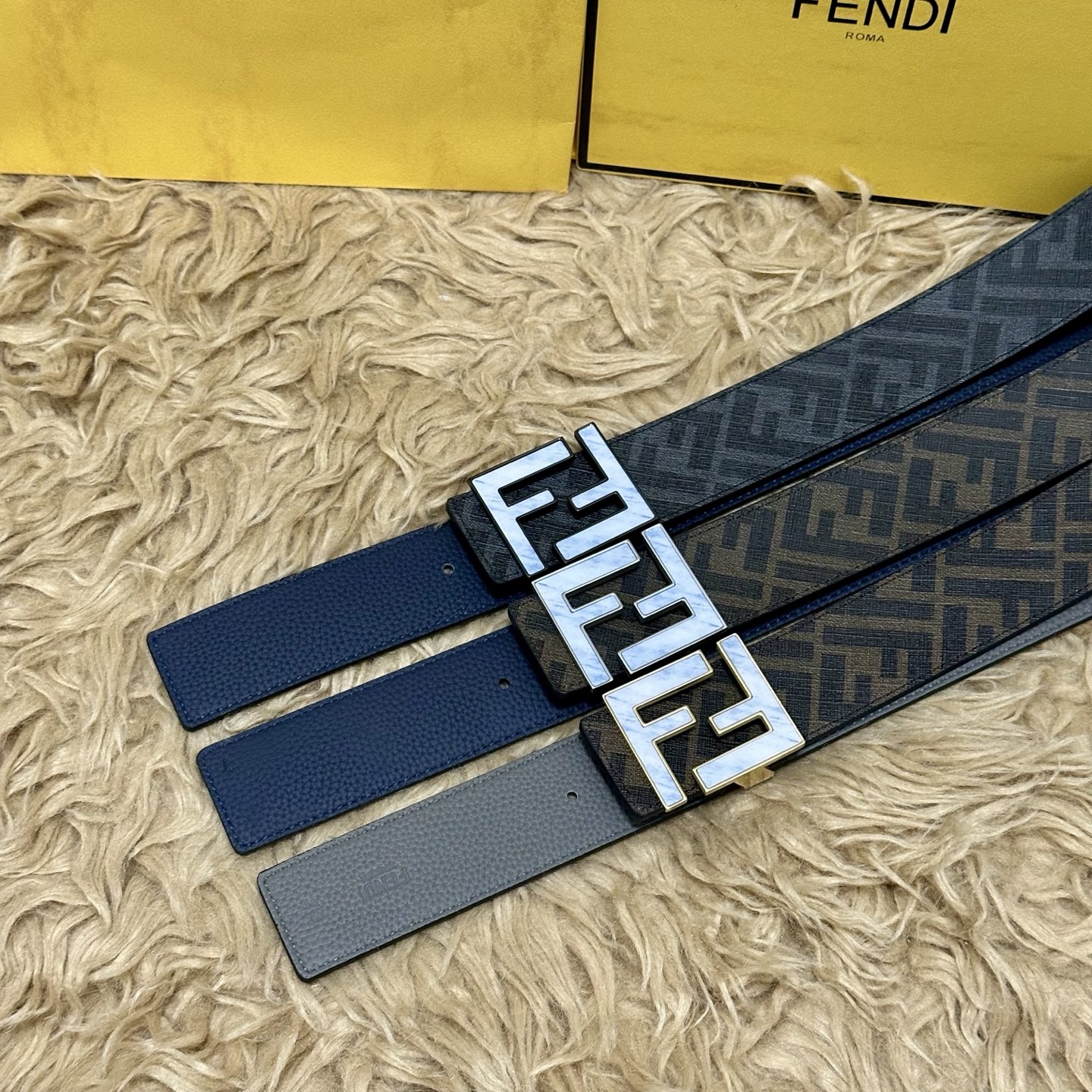 FENDI（芬迪）专柜同款 宽4.0CM 双环正反用腰带 FF按钉搭扣 灰色Cuoio Romano皮革