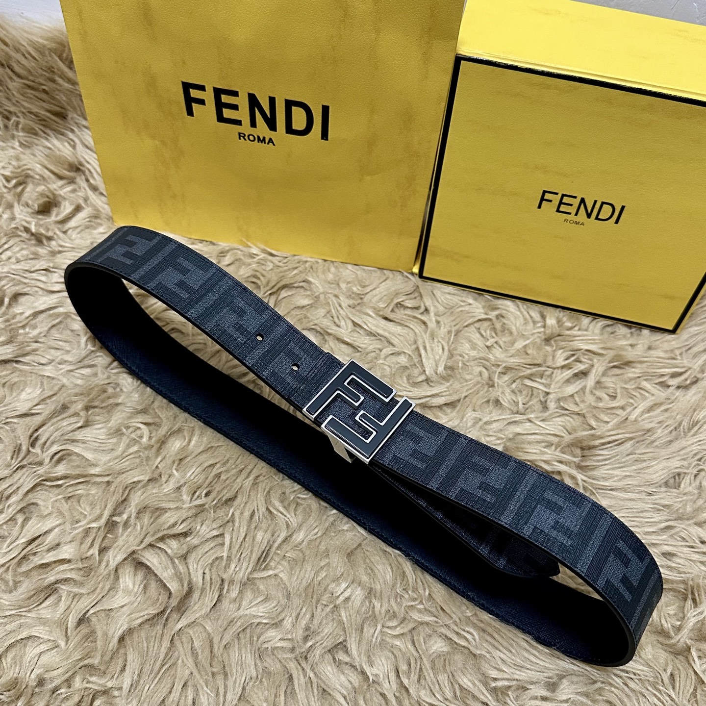 Fendi FF Buckle Reversible Leather Belt 4.0CM - Black/Tobacco