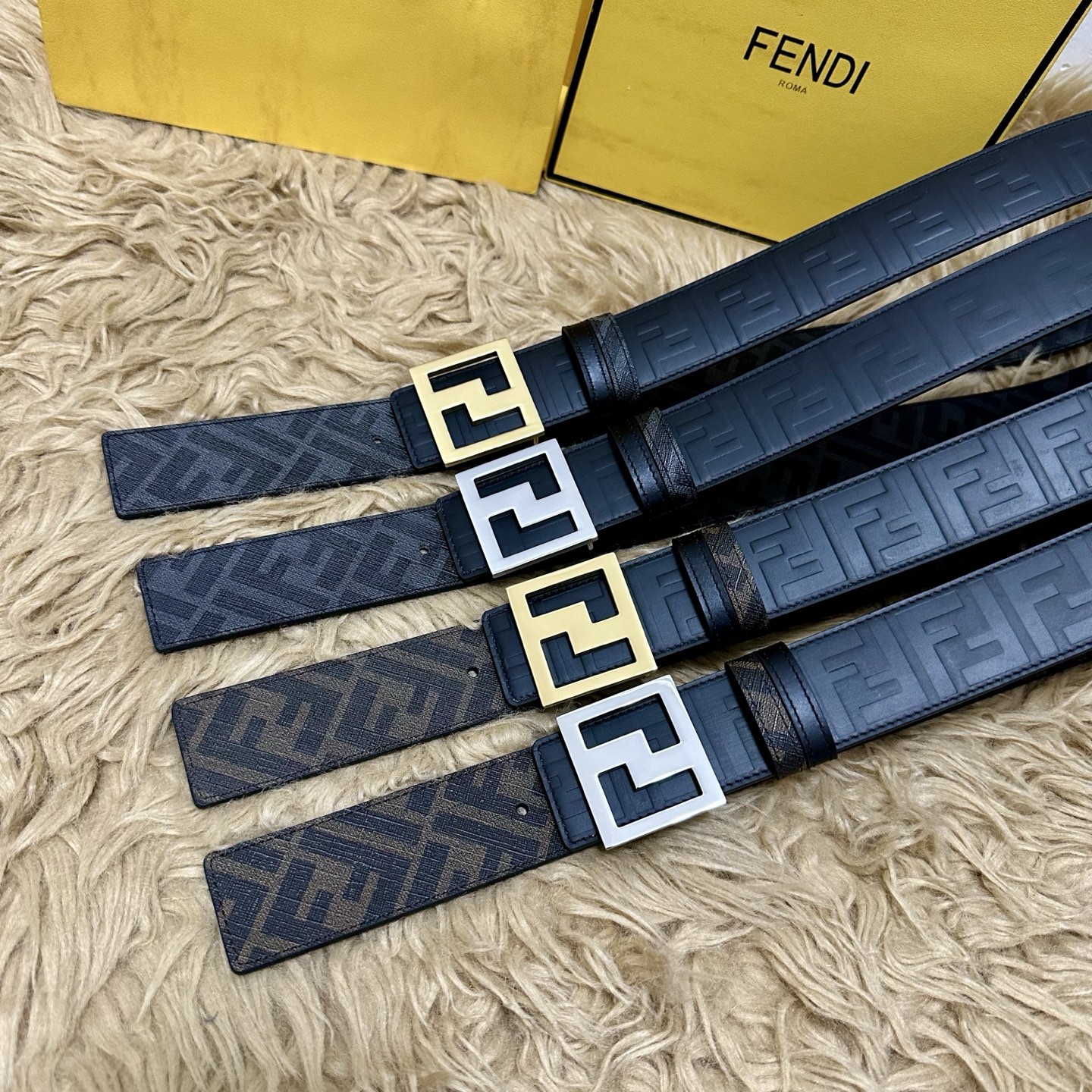 FENDI（芬迪）专柜同款 宽4.0CM 双环正反用腰带 FF按钉搭扣 黑色Cuoio Romano皮革