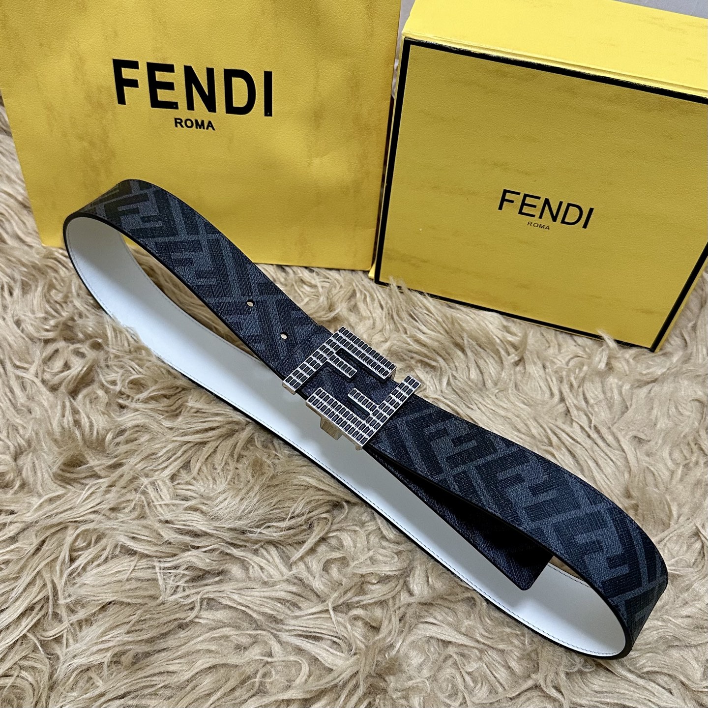 Fendi Reversible Belt with FF Buckle, 4.0 cm Width, Designer Fashion