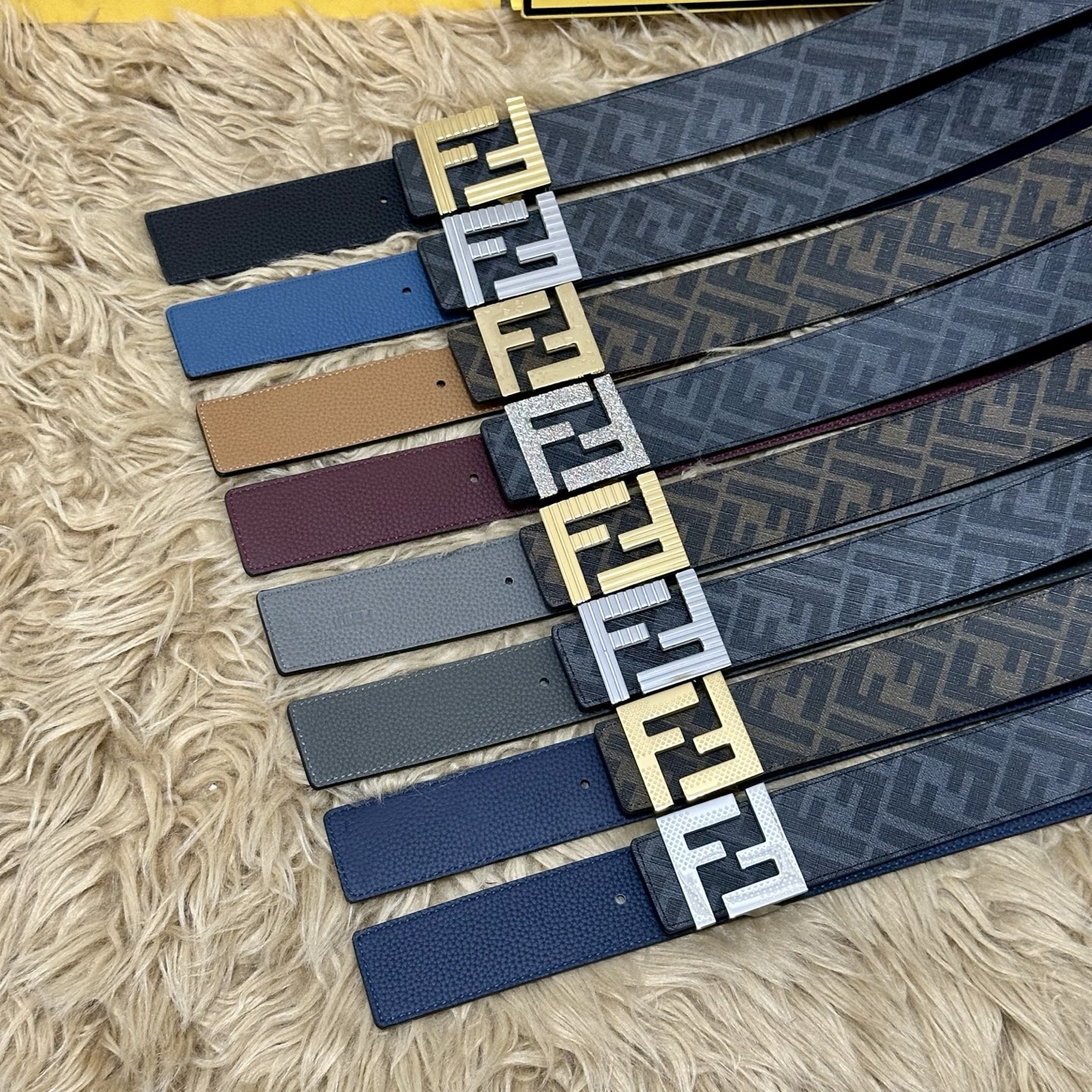 FENDI（芬迪）专柜同款 宽4.0CM 双环正反用腰带 FF按钉搭扣 灰色Cuoio Romano皮革