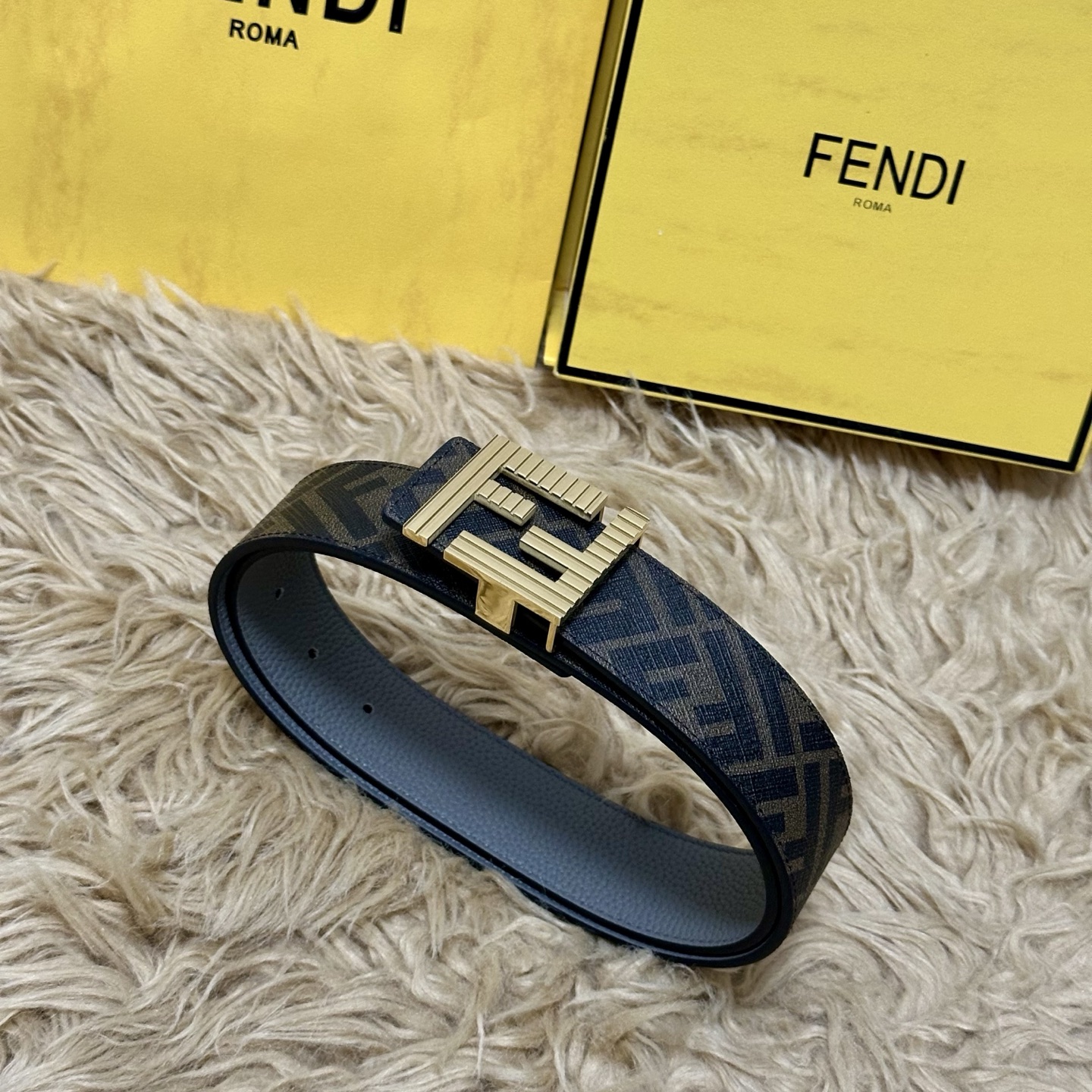 FENDI（芬迪）专柜同款 宽4.0CM 双环正反用腰带 FF按钉搭扣 灰色Cuoio Romano皮革