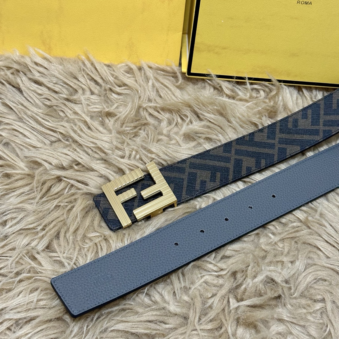 FENDI（芬迪）专柜同款 宽4.0CM 双环正反用腰带 FF按钉搭扣 灰色Cuoio Romano皮革